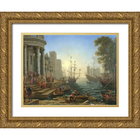 Seaport with the embarkation of Saint Ursula Gold Ornate Wood Framed Art Print with Double Matting by Gellee, Claude