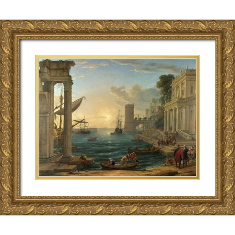 Seaport with the embarkation of the Queen of Sheba Gold Ornate Wood Framed Art Print with Double Matting by Gellee, Claude