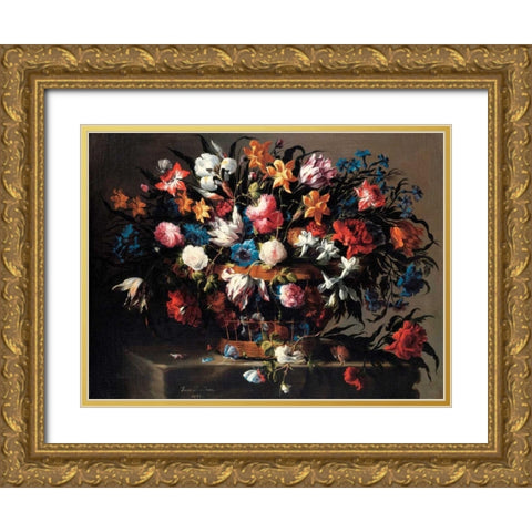 Small basket of Flowers Gold Ornate Wood Framed Art Print with Double Matting by de Arellano, Juan