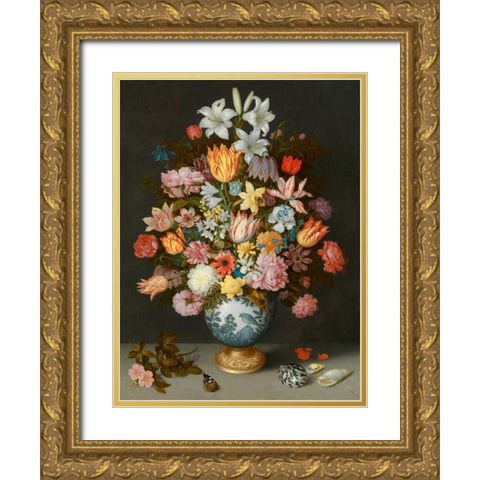 A still life of flowers in a Wan-Li Vase Gold Ornate Wood Framed Art Print with Double Matting by Bosschaert the Elder, Ambrosius