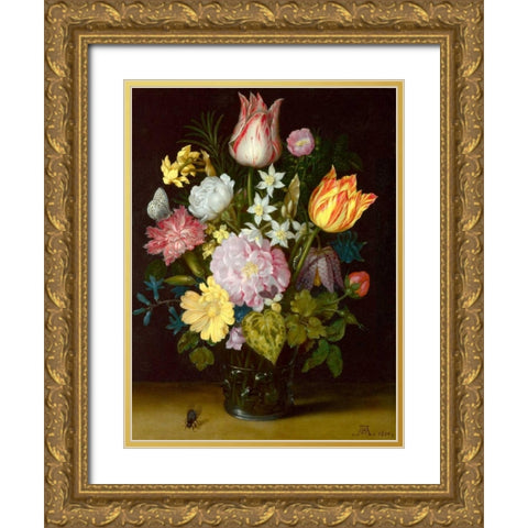 Flowers in a glass vase Gold Ornate Wood Framed Art Print with Double Matting by Bosschaert the Elder, Ambrosius