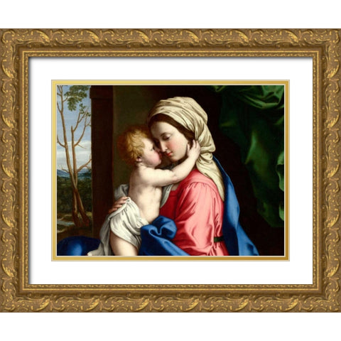 The Virgin and Child embracing (detail) Gold Ornate Wood Framed Art Print with Double Matting by Sassoferrato