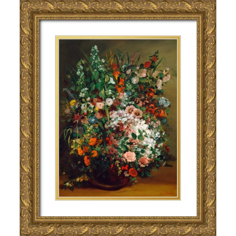 Bouquet of flowers in a vase Gold Ornate Wood Framed Art Print with Double Matting by Courbet, Gustave