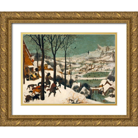 Hunters in the Snow (Winter) Gold Ornate Wood Framed Art Print with Double Matting by Bruegel the Elder, Pieter