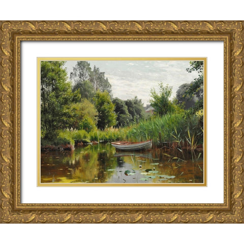 A forest lake with a rowboat Gold Ornate Wood Framed Art Print with Double Matting by Monsted, Peder Mork