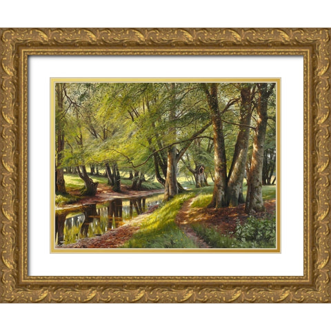 A summer day in the forest Gold Ornate Wood Framed Art Print with Double Matting by Monsted, Peder Mork