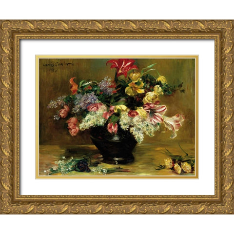 Amaryllis, Lilac and Tulips Gold Ornate Wood Framed Art Print with Double Matting by Berneker, Louis F.
