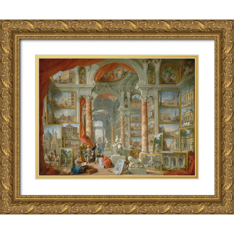 Galleria con vedute di Roma antica Gold Ornate Wood Framed Art Print with Double Matting by Panini, Giovanni Paolo