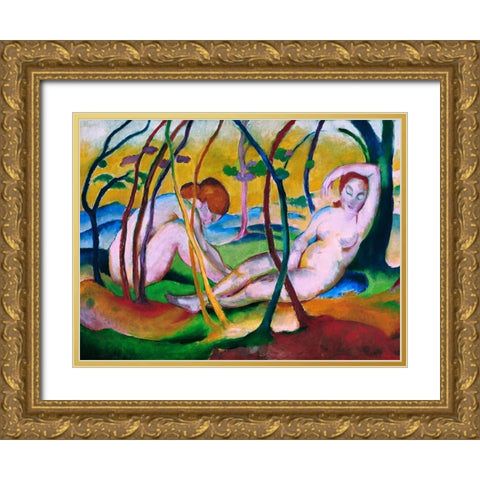 Nudes under Trees Gold Ornate Wood Framed Art Print with Double Matting by Marc, Franz
