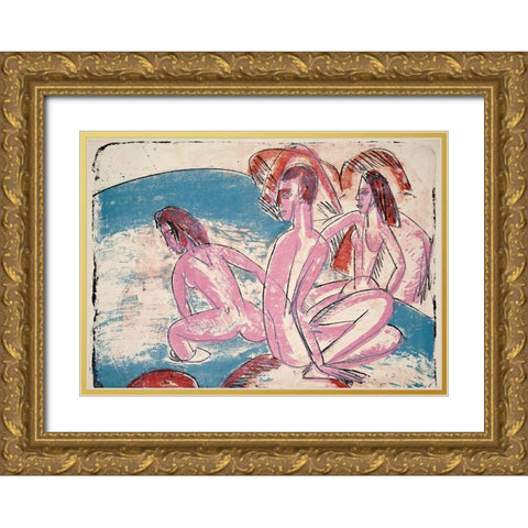Three Bathers by Stones Gold Ornate Wood Framed Art Print with Double Matting by Kirchner, Ernst Ludwig