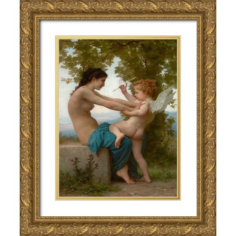 A Young Girl Defending Herself against Eros Gold Ornate Wood Framed Art Print with Double Matting by Bouguereau, William-Adolphe