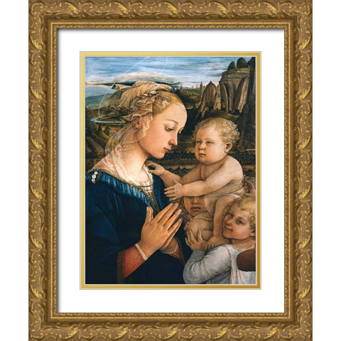 Madonna col Bambino e angeli (detail) Gold Ornate Wood Framed Art Print with Double Matting by Lippi, Filippo