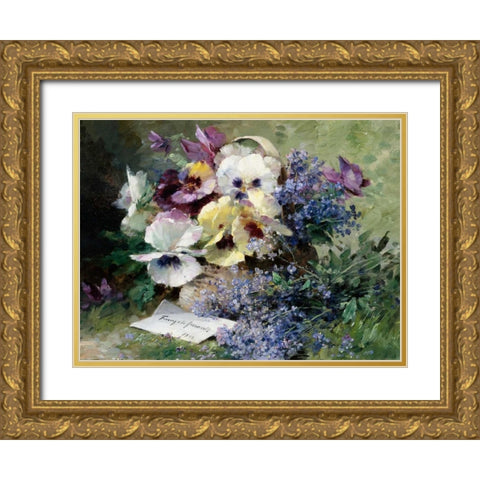 Pansies and Forget Me Not Gold Ornate Wood Framed Art Print with Double Matting by Furcy de Lavault, Albert-Tibulle