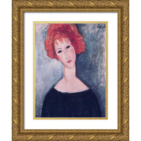 Red Head Gold Ornate Wood Framed Art Print with Double Matting by Modigliani, Amedeo