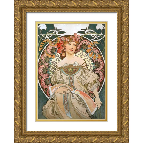 Reverie Gold Ornate Wood Framed Art Print with Double Matting by Mucha, Alphonse