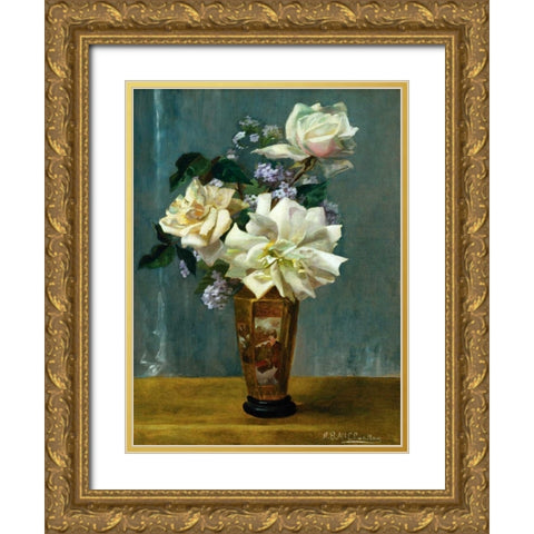 Still Life of Roses in an Oriental Vase Gold Ornate Wood Framed Art Print with Double Matting by Binford McCloskey, Alberta