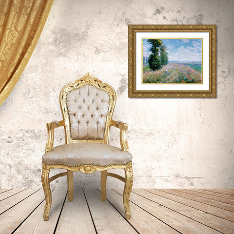 Meadow with Poplars Gold Ornate Wood Framed Art Print with Double Matting by Monet, Claude
