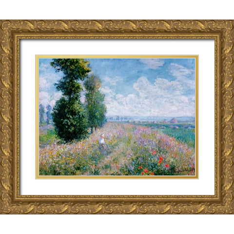 Meadow with Poplars Gold Ornate Wood Framed Art Print with Double Matting by Monet, Claude
