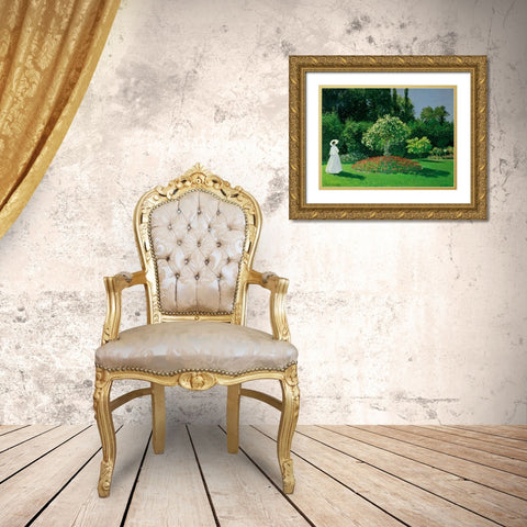 Young Woman in a Garden Gold Ornate Wood Framed Art Print with Double Matting by Monet, Claude