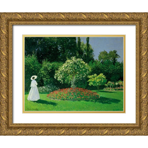 Young Woman in a Garden Gold Ornate Wood Framed Art Print with Double Matting by Monet, Claude