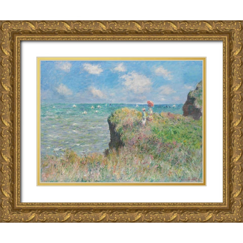 Cliff Walk at Pourville Gold Ornate Wood Framed Art Print with Double Matting by Monet, Claude