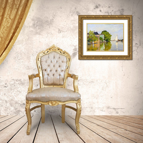 Houses on the Achterzaan Gold Ornate Wood Framed Art Print with Double Matting by Monet, Claude