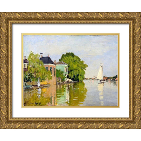 Houses on the Achterzaan Gold Ornate Wood Framed Art Print with Double Matting by Monet, Claude