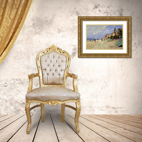 Plage de Trouville Gold Ornate Wood Framed Art Print with Double Matting by Monet, Claude