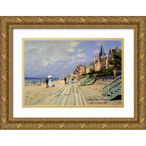 Plage de Trouville Gold Ornate Wood Framed Art Print with Double Matting by Monet, Claude
