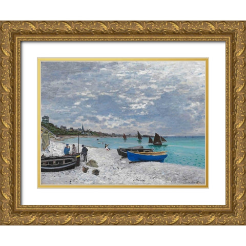The Beach at Sainte-Adresse Gold Ornate Wood Framed Art Print with Double Matting by Monet, Claude