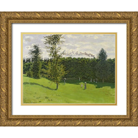 The Train in the Country Gold Ornate Wood Framed Art Print with Double Matting by Monet, Claude