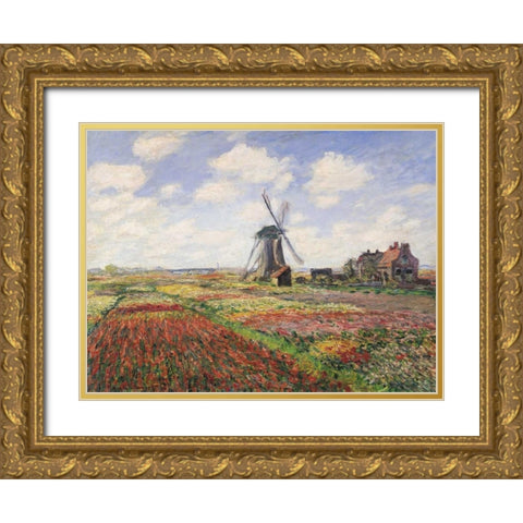 Tulip Fields with Windmill Gold Ornate Wood Framed Art Print with Double Matting by Monet, Claude