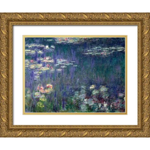 Waterlilies- Green Reflections Gold Ornate Wood Framed Art Print with Double Matting by Monet, Claude