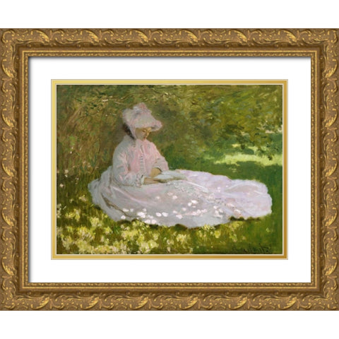 Springtime Gold Ornate Wood Framed Art Print with Double Matting by Monet, Claude