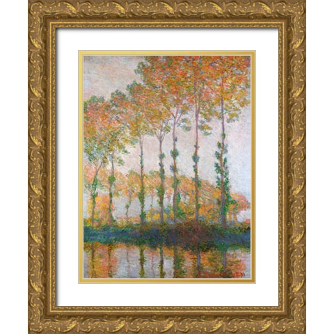 Poplars on the Banks of the l Epte Autumn Gold Ornate Wood Framed Art Print with Double Matting by Monet, Claude