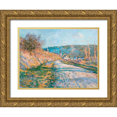 The Road to Vetheuil Gold Ornate Wood Framed Art Print with Double Matting by Monet, Claude