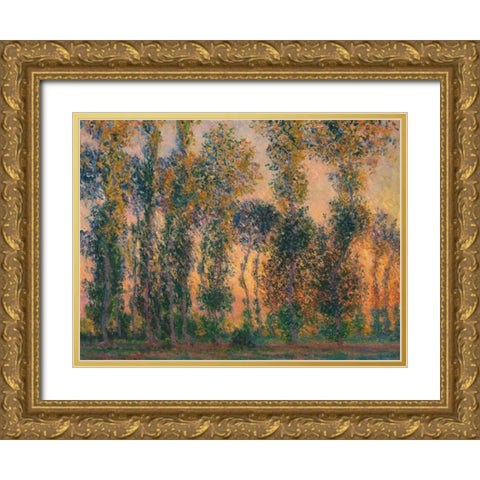 Poplars at Giverny - Sunrise Gold Ornate Wood Framed Art Print with Double Matting by Monet, Claude