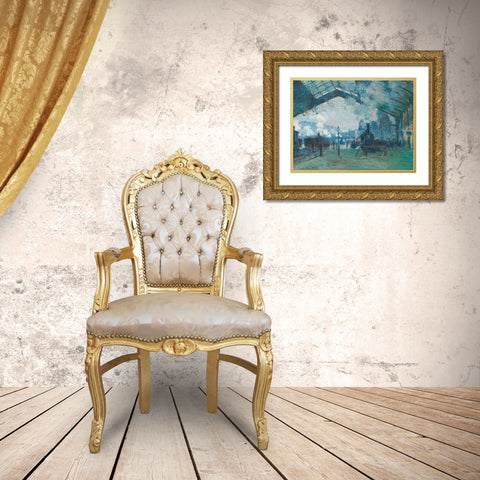 Arrival of the Normandy Train - Gare Saint-Lazare Gold Ornate Wood Framed Art Print with Double Matting by Monet, Claude