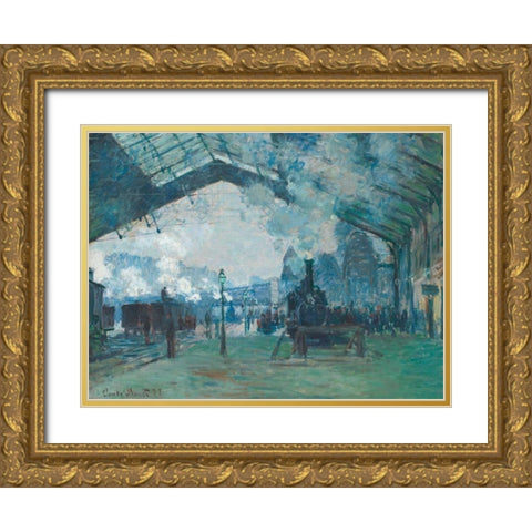 Arrival of the Normandy Train - Gare Saint-Lazare Gold Ornate Wood Framed Art Print with Double Matting by Monet, Claude