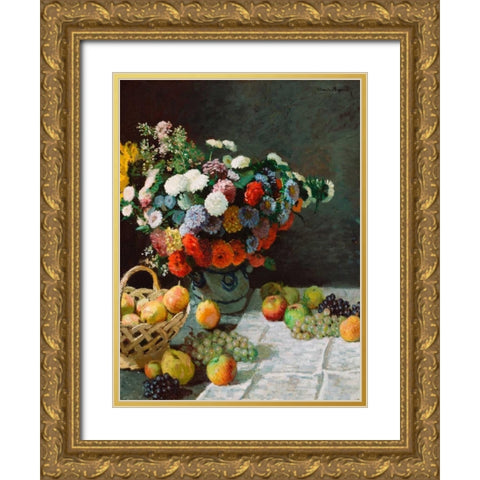 Still life with flowers and fruit Gold Ornate Wood Framed Art Print with Double Matting by Monet, Claude