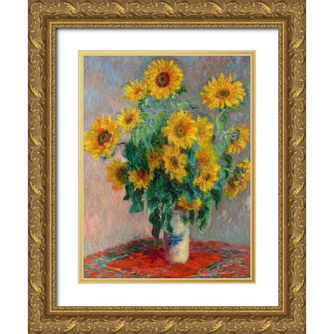 Sunflowers Gold Ornate Wood Framed Art Print with Double Matting by Monet, Claude