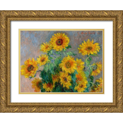 Sunflowers (detail) Gold Ornate Wood Framed Art Print with Double Matting by Monet, Claude
