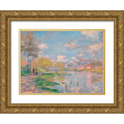 Spring by the Seine Gold Ornate Wood Framed Art Print with Double Matting by Monet, Claude