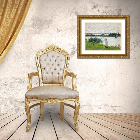 The Promenade with the Railroad Bridge- Argenteuil Gold Ornate Wood Framed Art Print with Double Matting by Monet, Claude
