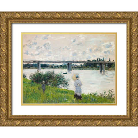 The Promenade with the Railroad Bridge- Argenteuil Gold Ornate Wood Framed Art Print with Double Matting by Monet, Claude