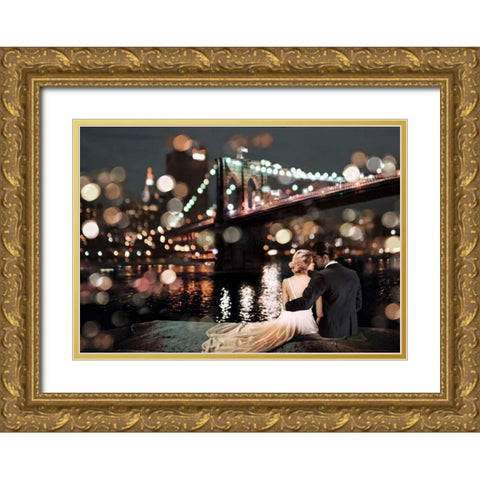 Kissing in a NY Night Gold Ornate Wood Framed Art Print with Double Matting by Loumer, Dianne