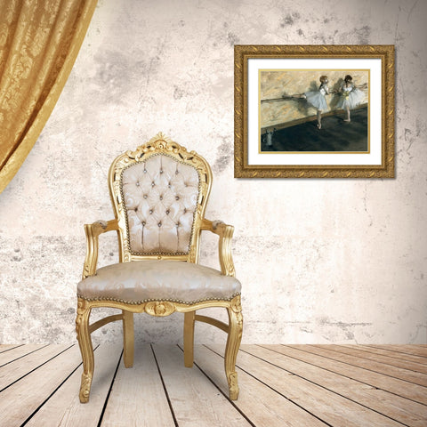 Dancers Practicing at the Barre Gold Ornate Wood Framed Art Print with Double Matting by Degas, Edgar