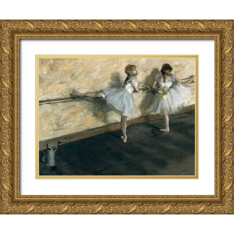 Dancers Practicing at the Barre Gold Ornate Wood Framed Art Print with Double Matting by Degas, Edgar