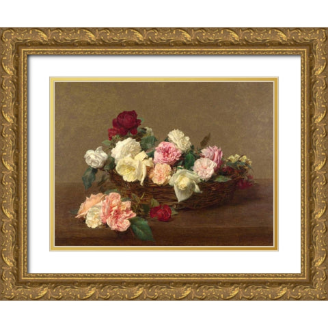A Basket of Roses Gold Ornate Wood Framed Art Print with Double Matting by Fantin-Latour, Henri