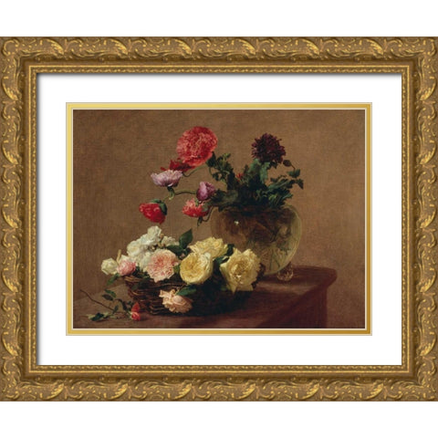 Poppies in a Crystal Vase and Roses in a Basket (detail) Gold Ornate Wood Framed Art Print with Double Matting by Fantin-Latour, Henri